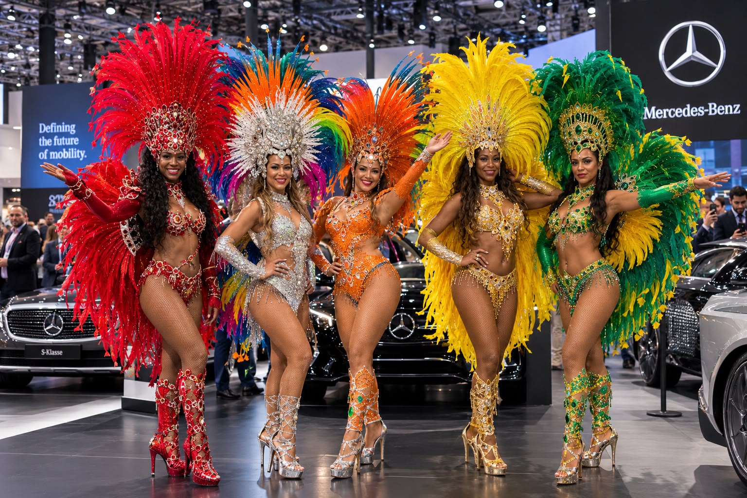 Sambatänzerinnen von Viva Brasil in bunten Federkostümen am Messestand eines Automobilherstellers