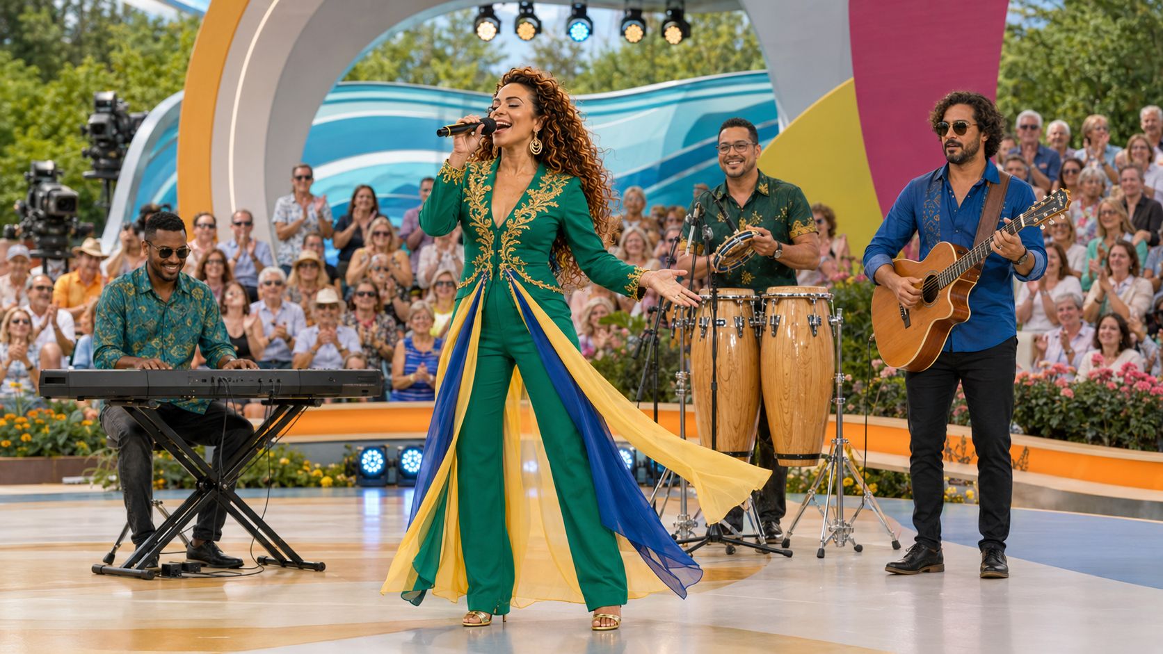 Live-Band mit Sängerin, Keyboard, Congas und Gitarre auf einer Open-Air-Bühne vor sitzendem Publikum