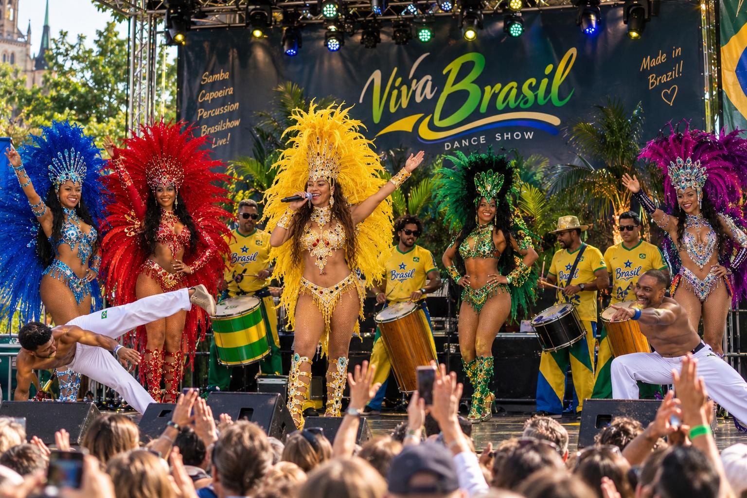 Capoeira-Kick vor dem Viva-Brasil-Bühnenbanner, dahinter Sängerin, Tänzerinnen und Trommler