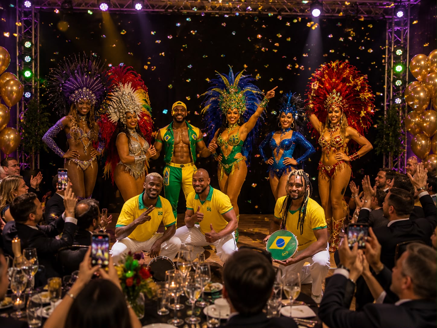 Brasil Tropical Night: Sambatänzerinnen und Trommler auf der Bühne vor feiernden Gästen