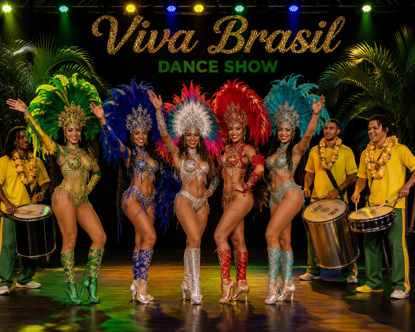 Ensemble mit Trommlern auf einer Bühne unter dem Schriftzug „Viva Brasil Dance Show“