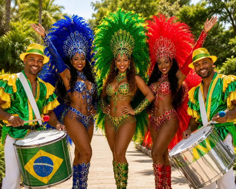 Trommler und Tänzerinnen mit Brasilien-Trommel auf einer Straße