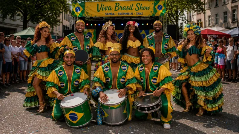 Große Trommlerformation bei einem Straßenfest unter dem Banner „Viva Brasil Show“