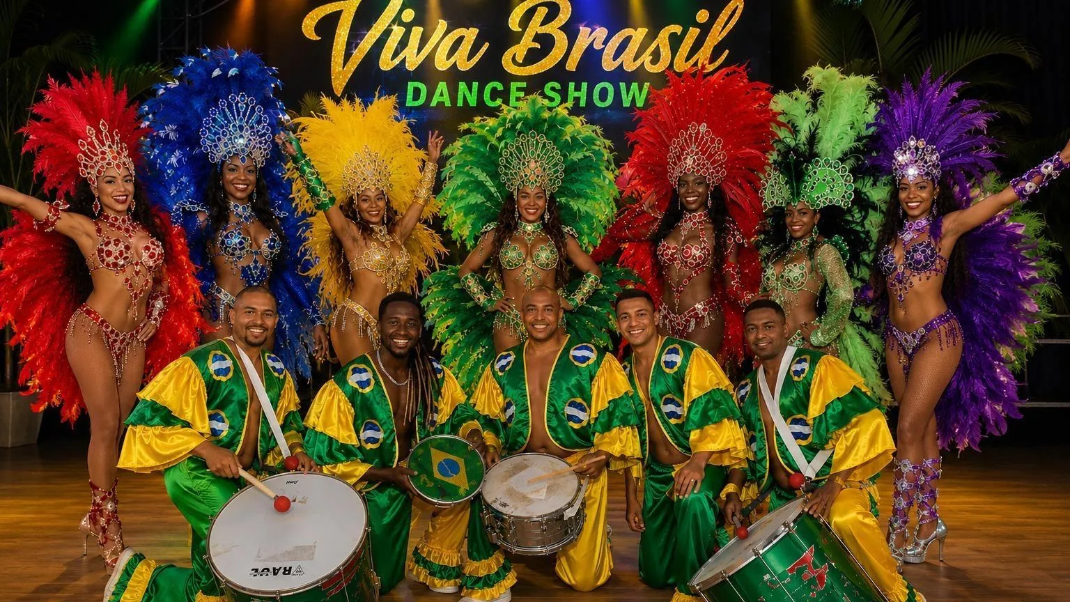 Ensemble mit Trommlern und Tänzerinnen unter dem Schriftzug „Viva Brasil Dance Show“